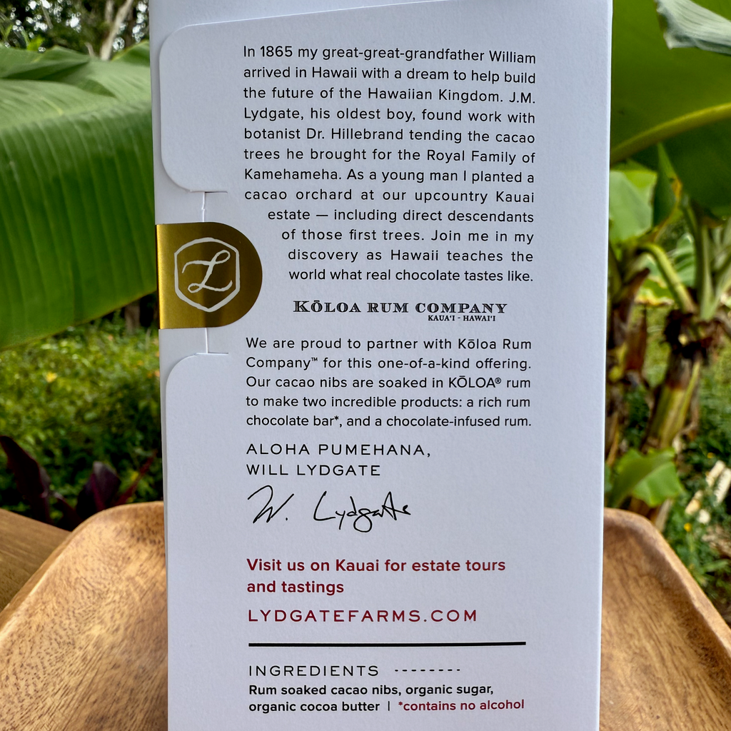 75% Dark Chocolate with Kōloa Hawaiian Rum – Lydgate Farms